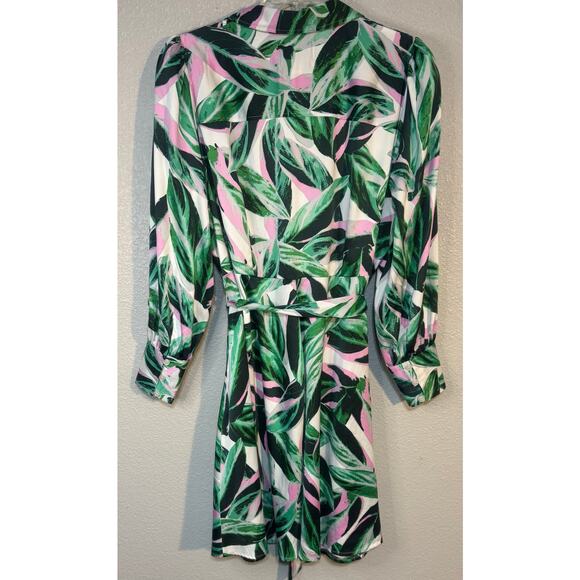 Lane Bryant Sz 18 BeautiCurve Silky Dress Green Pink Leaf Print Belted tailored - Picture 10 of 10